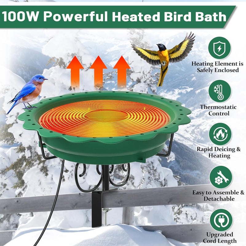 We-buys Heated Bird Baths for Outdoors, 100W Heated Bird Bath for Deck Railing, Heated Birdbath with Thermostat Control, Heated Bird Bath for Outside Winter Garden Patio Yard (Green) - Image 2
